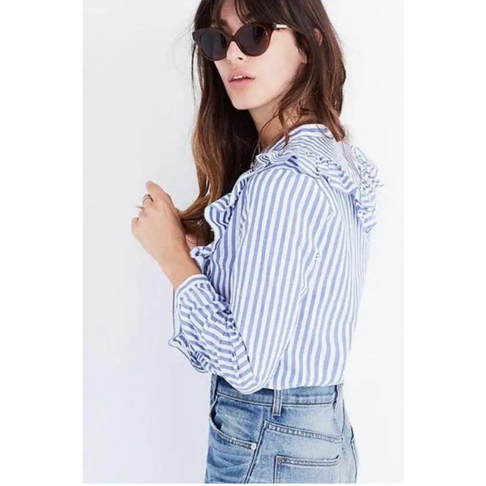 [Madewell] Whitney 100% Cotton Stripe Full Ruffle Henley Classic Button Down Top